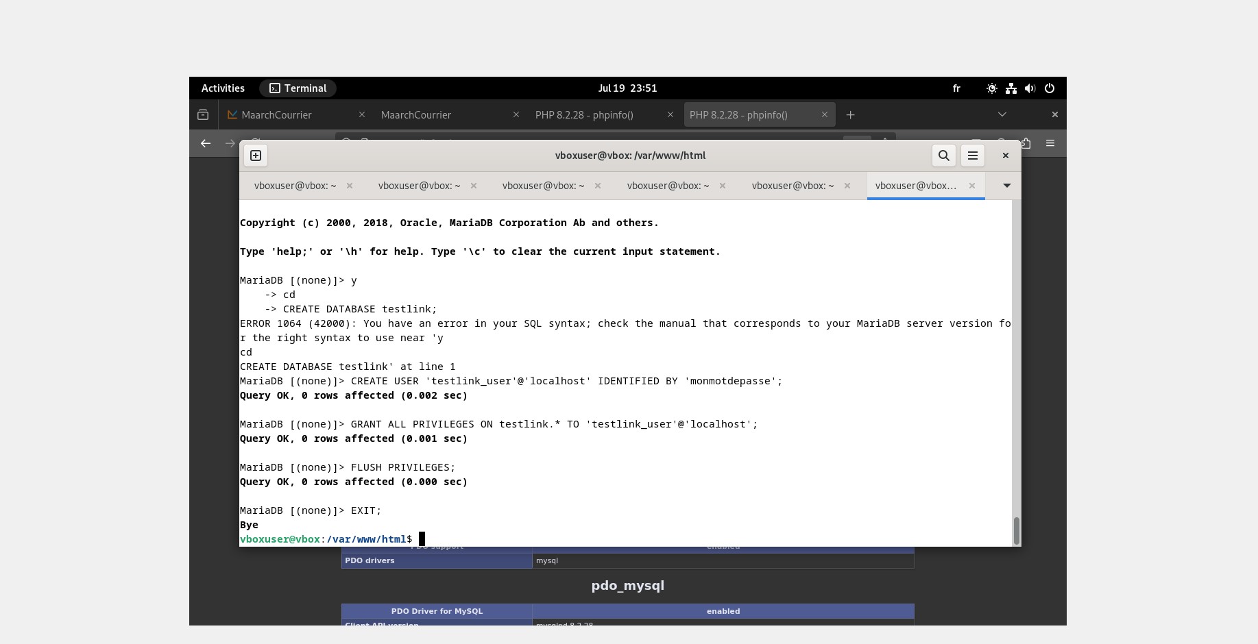 Création de la base et de l’utilisateur MariaDB